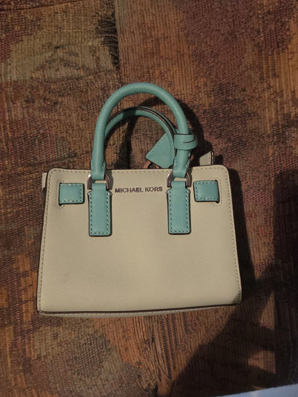 MICHAEL KORS White Mini Satchel with Light Blue Trim